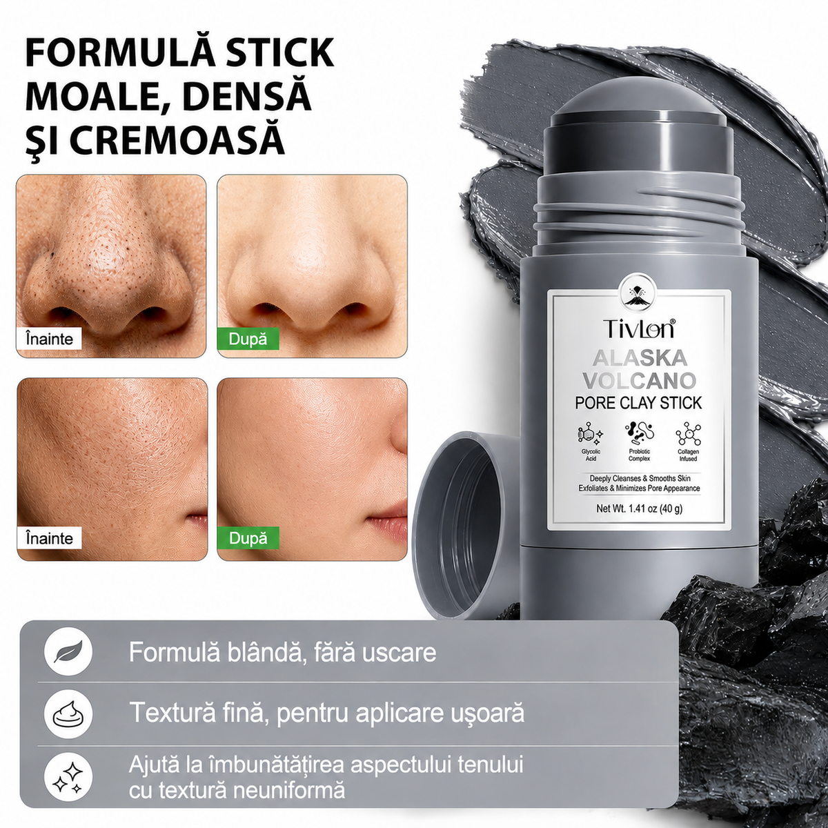 Mască Facială Stick cu Argilă Vulcanică pentru Curățare Profundă și Hidratare