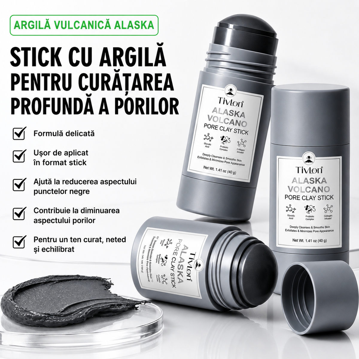 Mască Facială Stick cu Argilă Vulcanică pentru Curățare Profundă și Hidratare